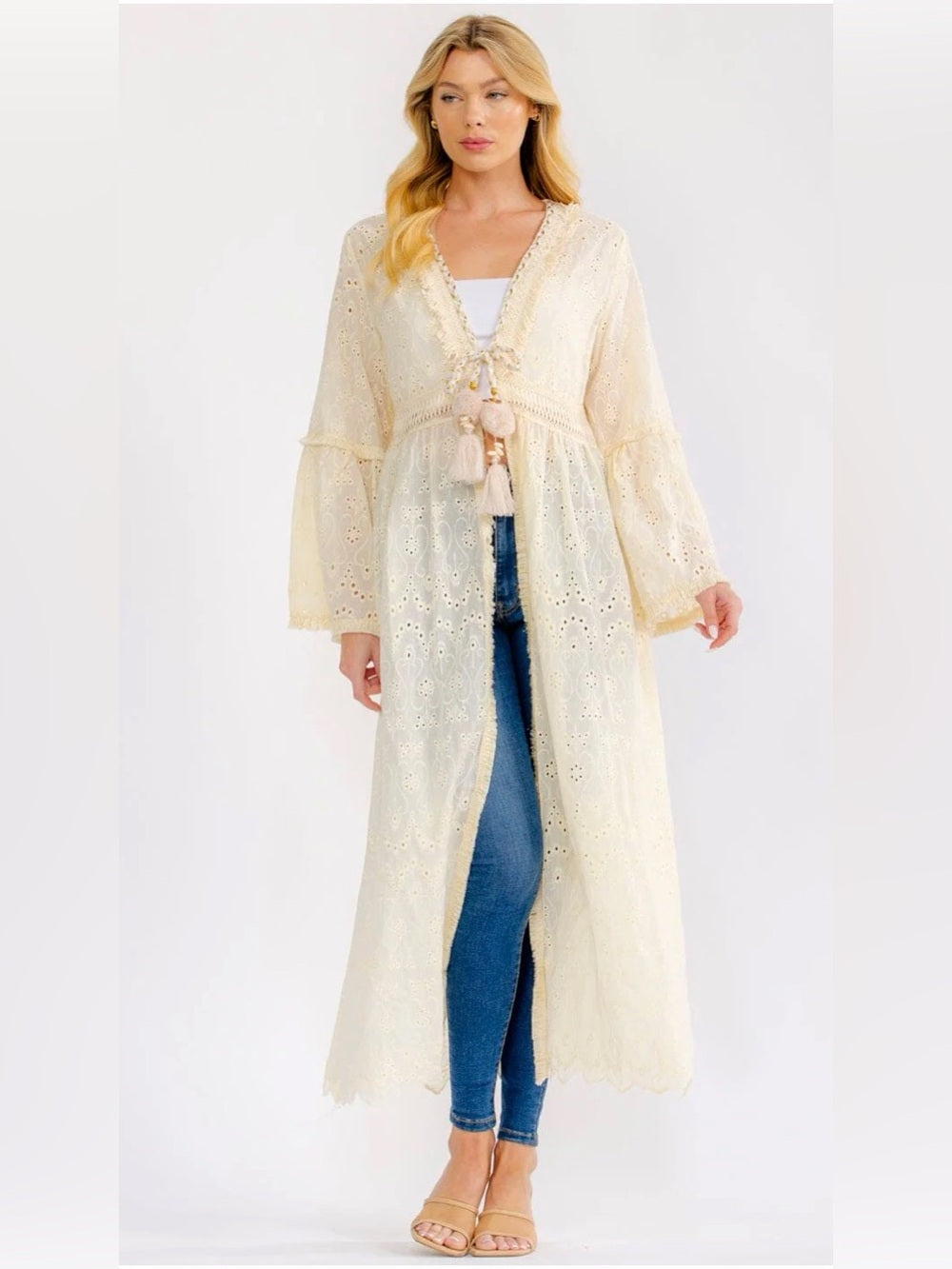 A473. Long Cream Eyelet Duster with Tassel Tie