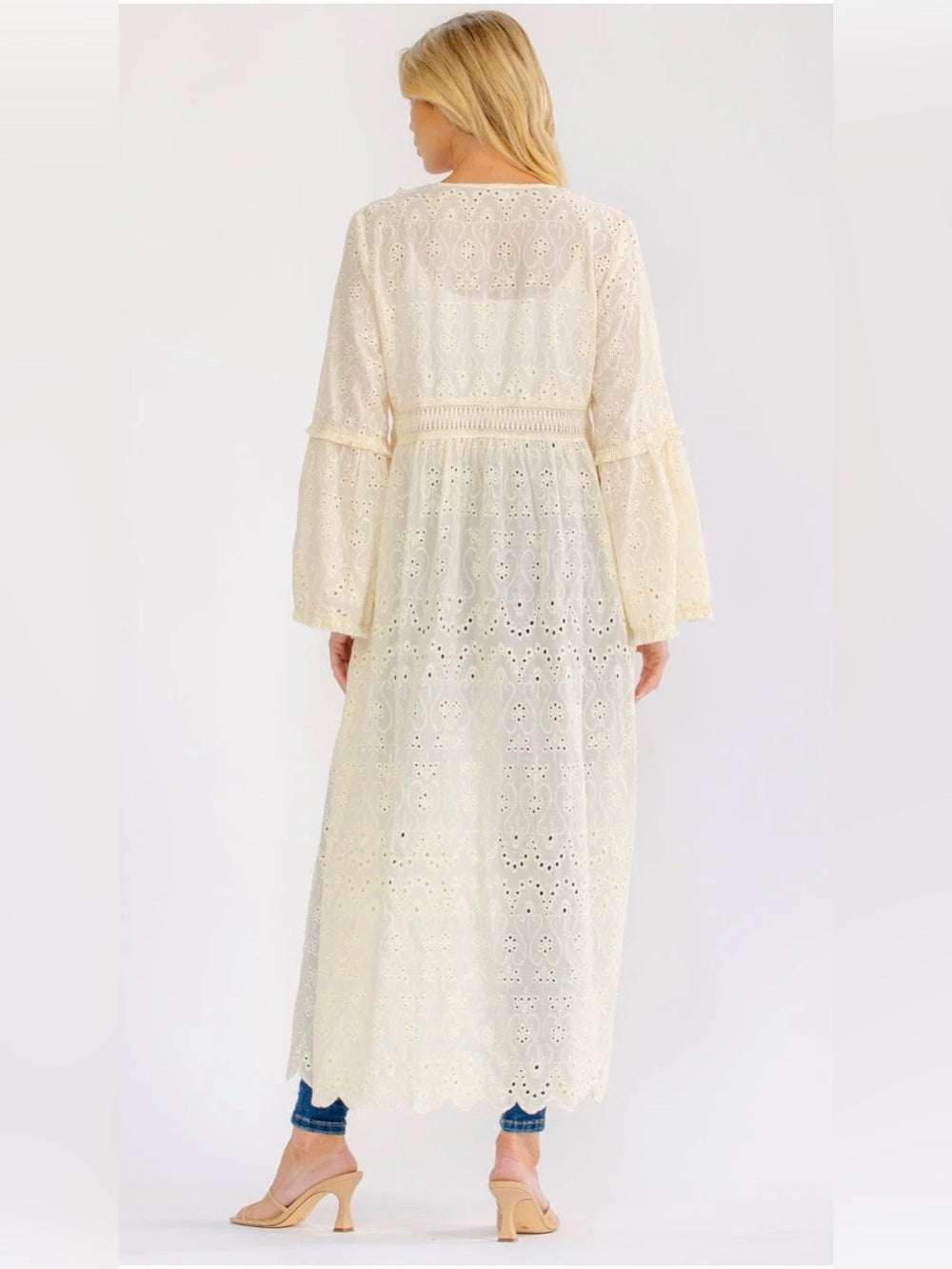 A473. Long Cream Eyelet Duster with Tassel Tie