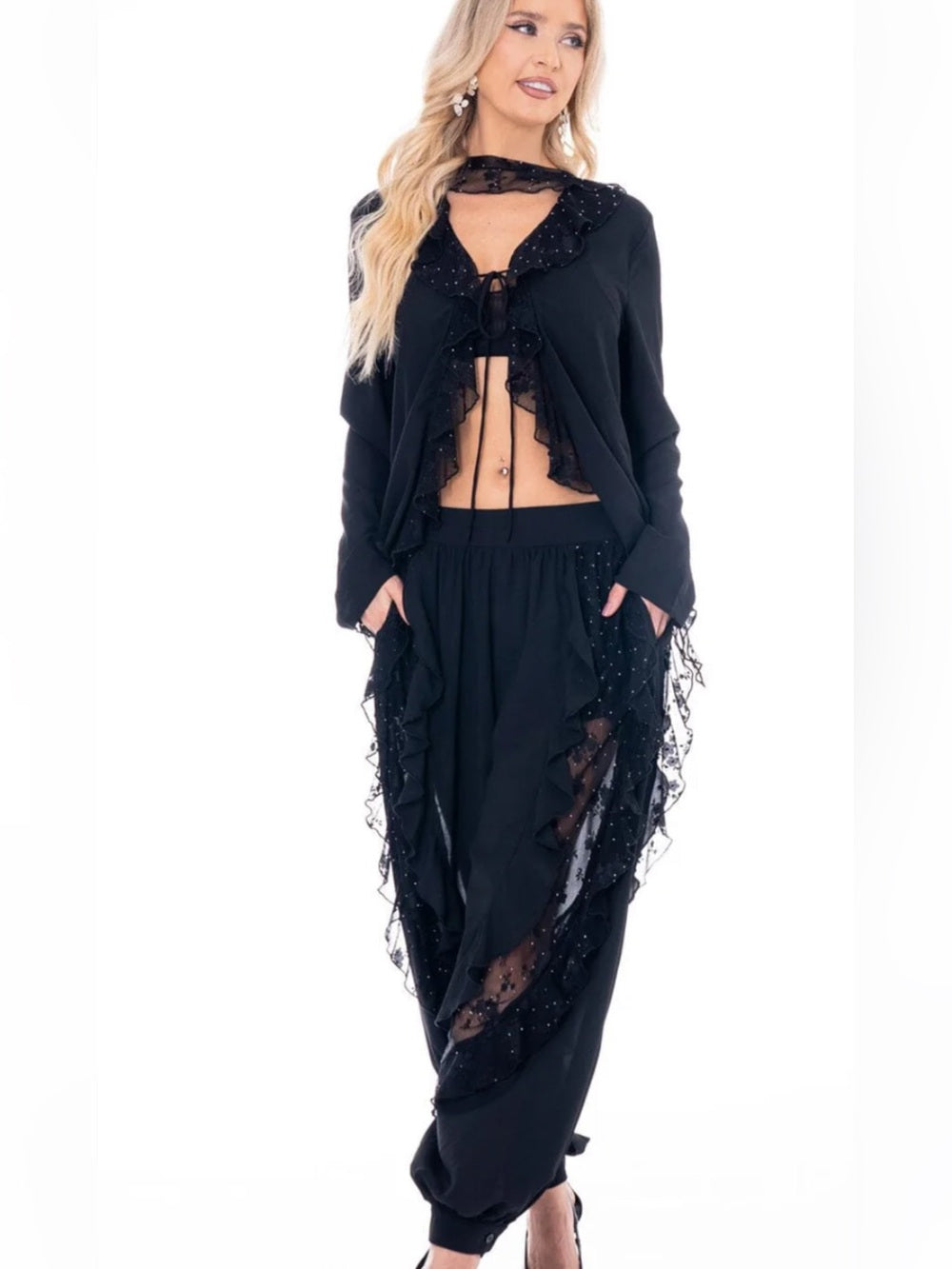 A474. Black Sheer Ruffle Bubble Pants & Cardigan Two-Piece Set
