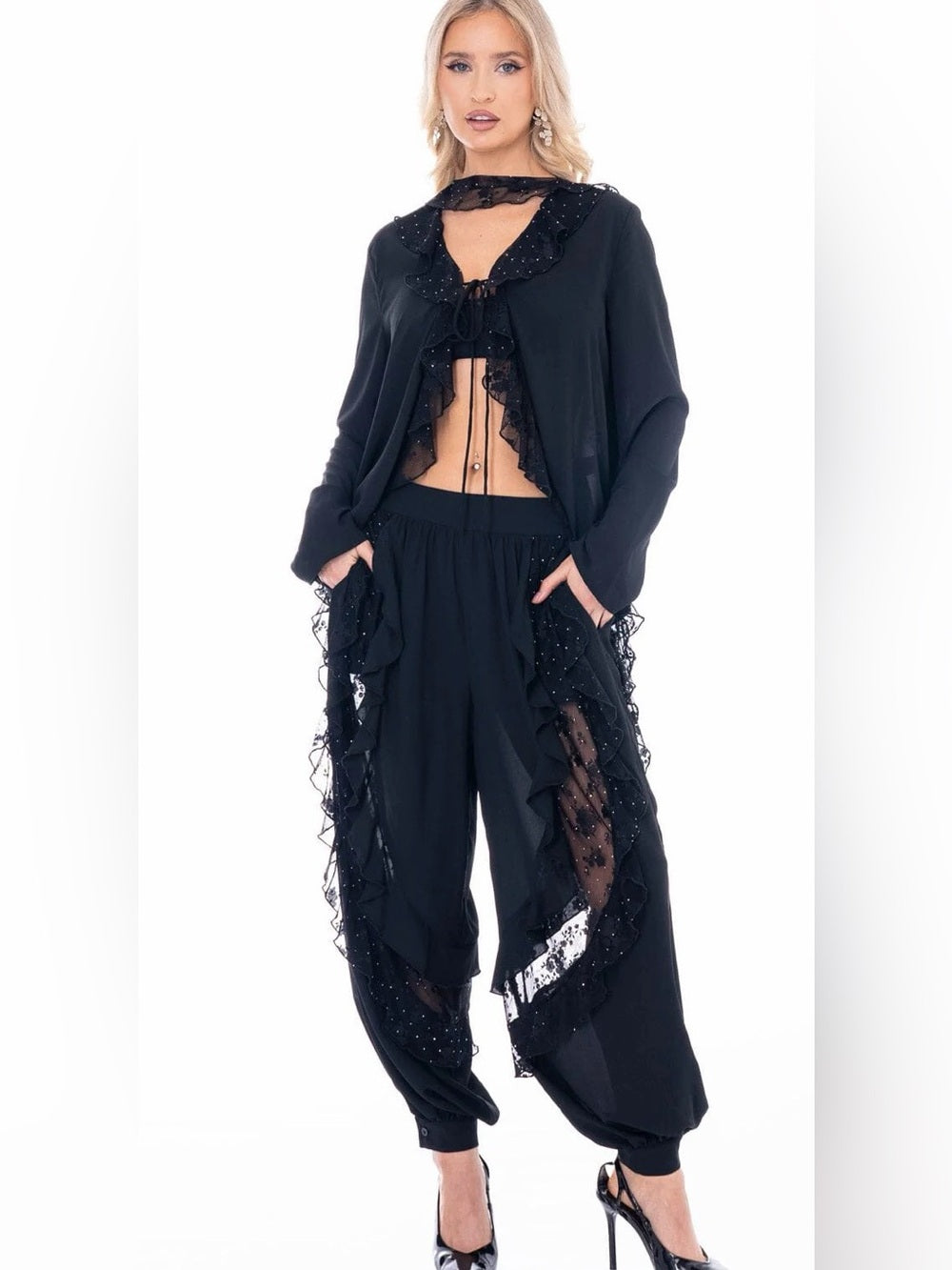 A474. Black Sheer Ruffle Bubble Pants & Cardigan Two-Piece Set