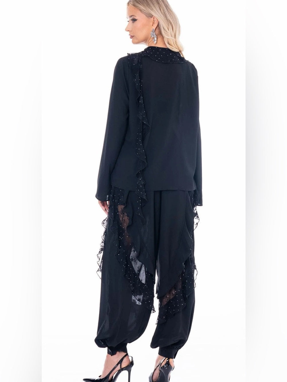 A474. Black Sheer Ruffle Bubble Pants & Cardigan Two-Piece Set