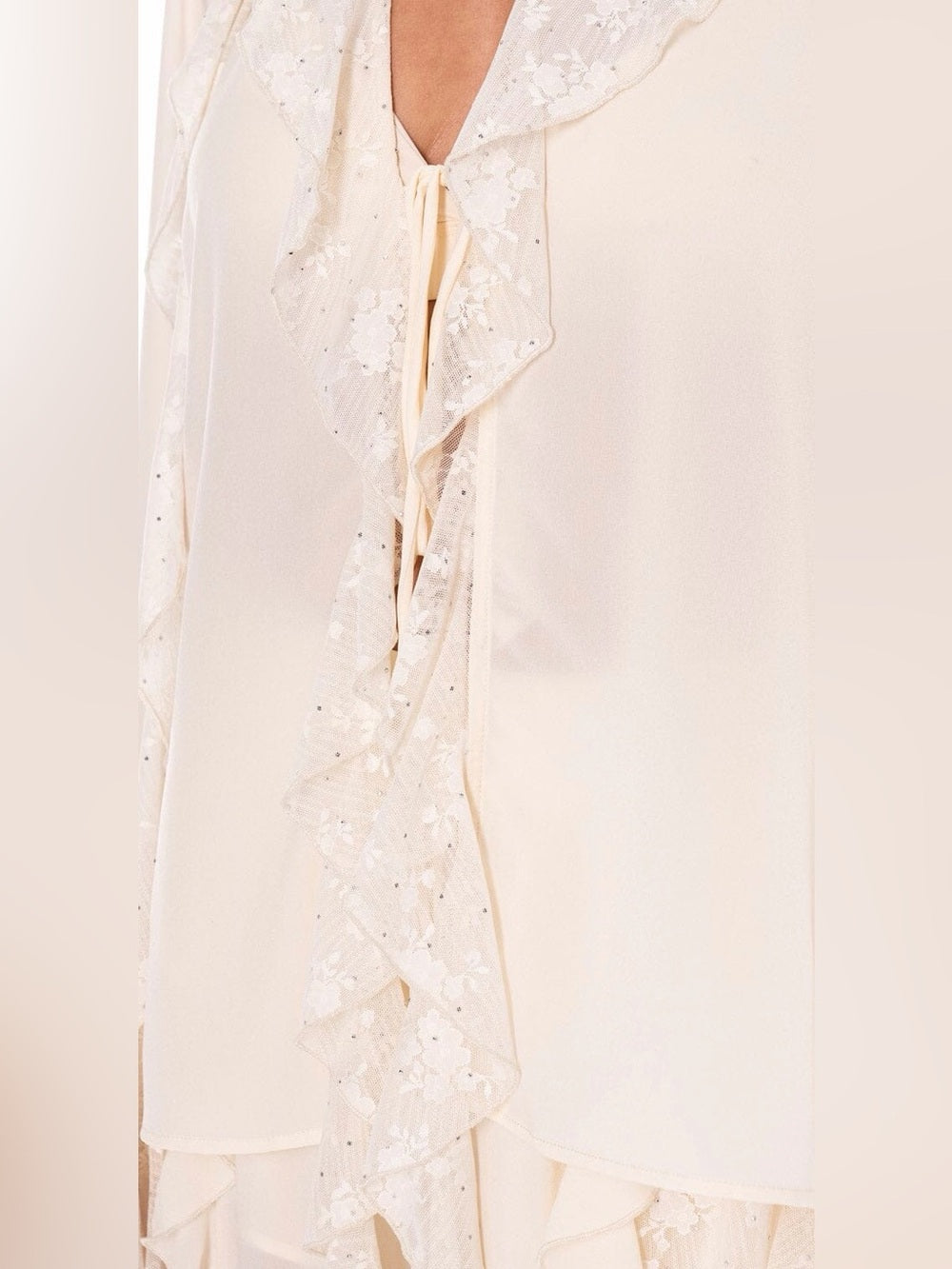 A475. Ivory Ruffled Lace-Trim Cardigan & Balloon Pants Two-Piece Set