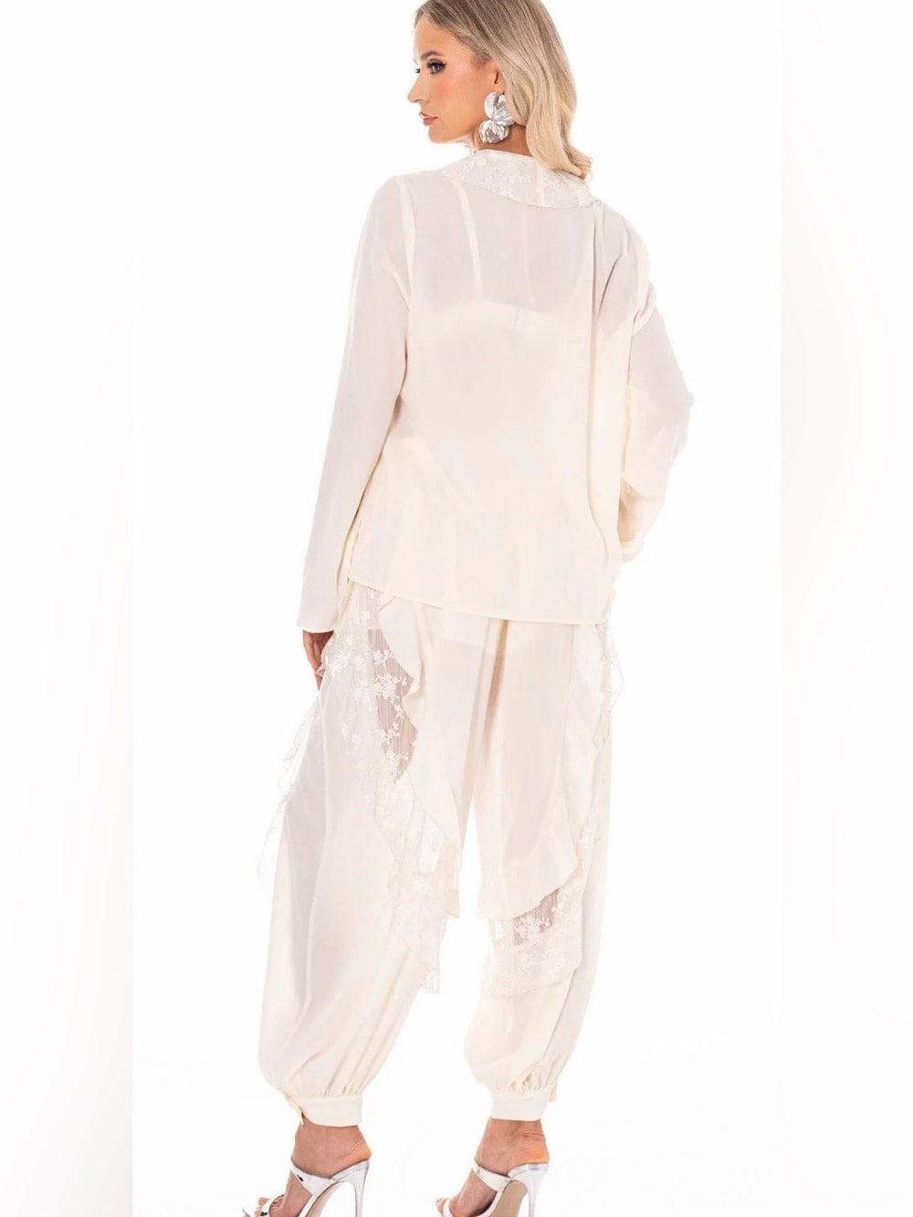 A475. Ivory Ruffled Lace-Trim Cardigan & Balloon Pants Two-Piece Set