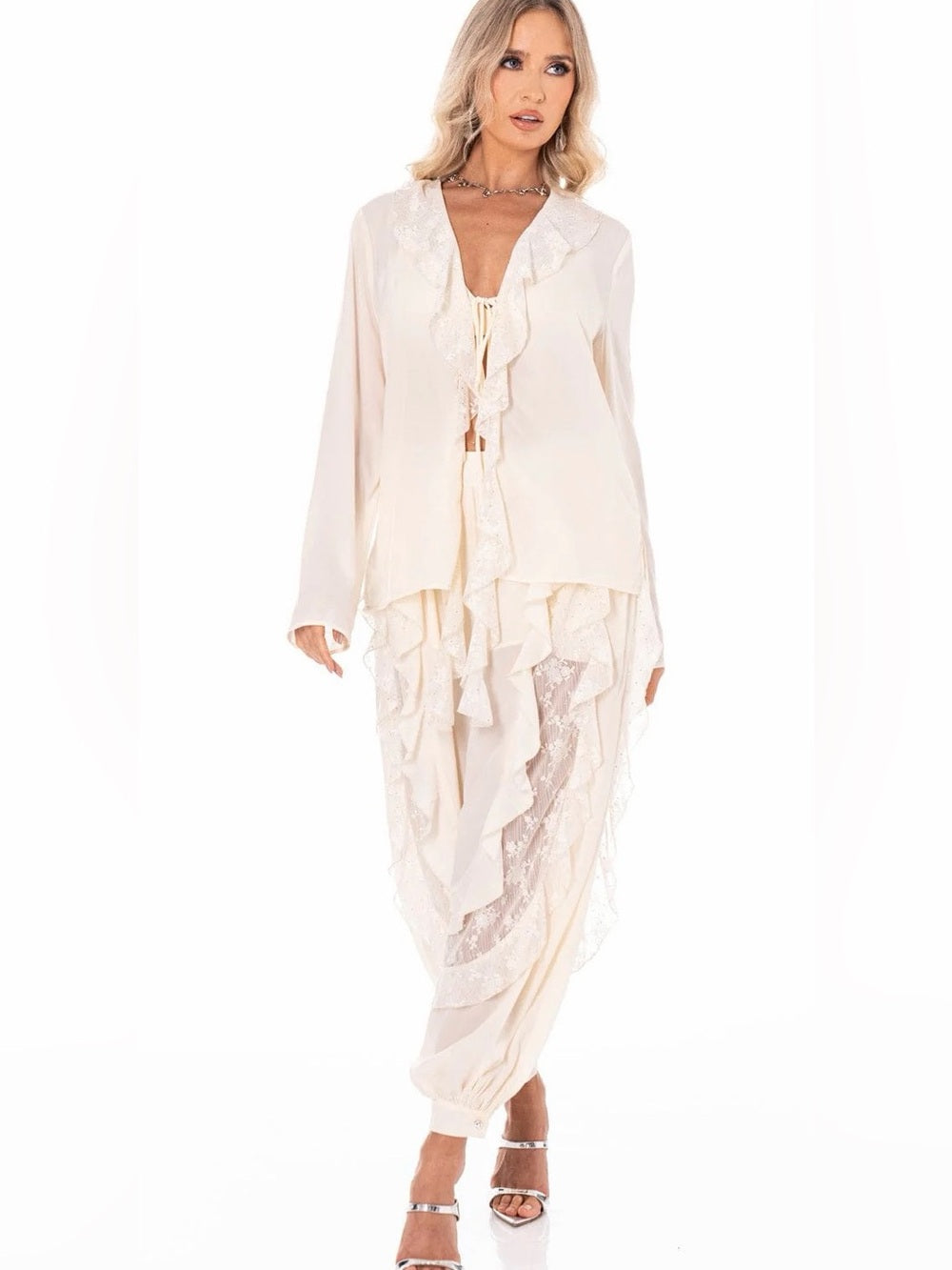 A475. Ivory Ruffled Lace-Trim Cardigan & Balloon Pants Two-Piece Set