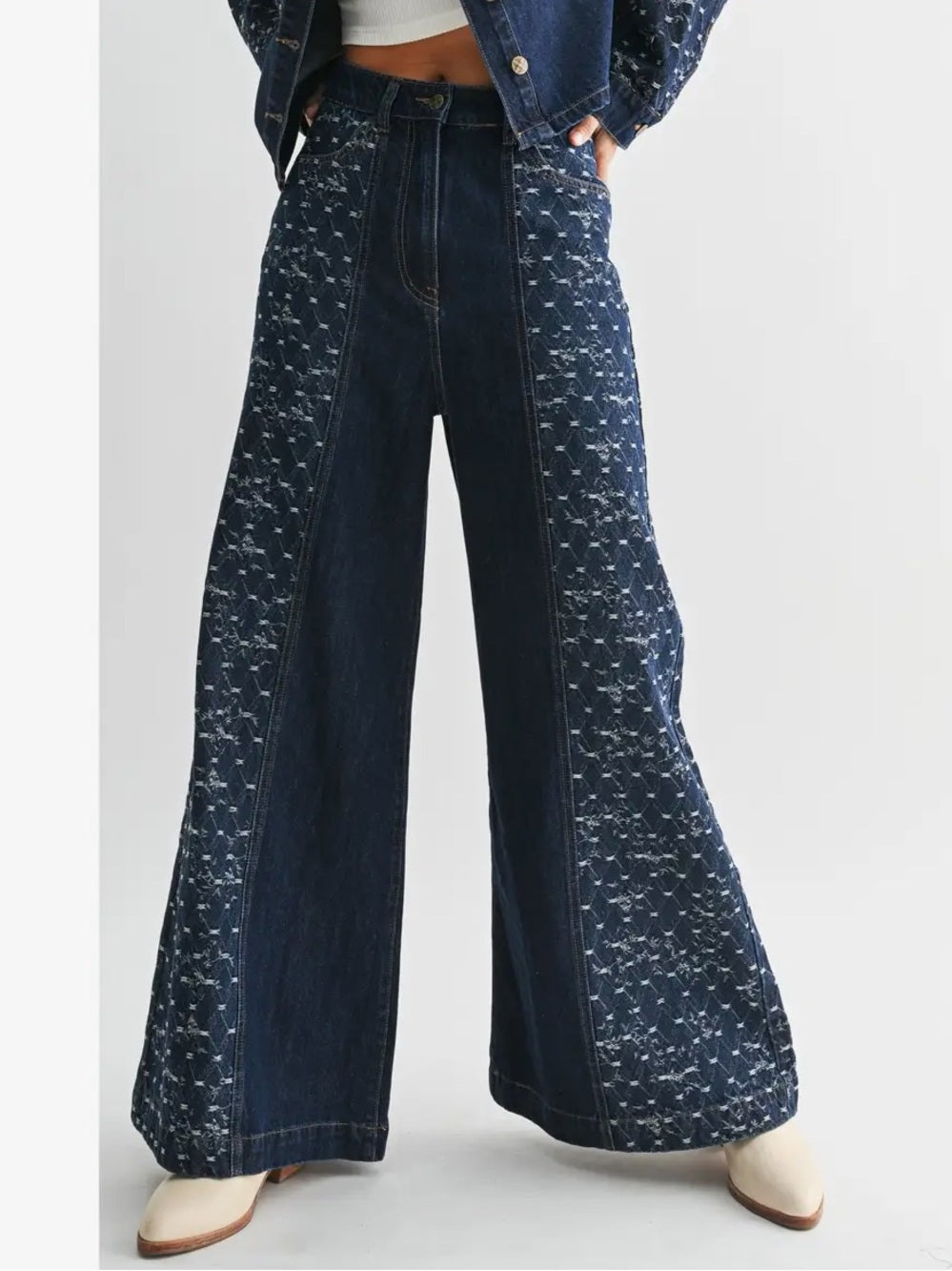 A294a Wide Leg Dark Blue Patterned Womens Jeans