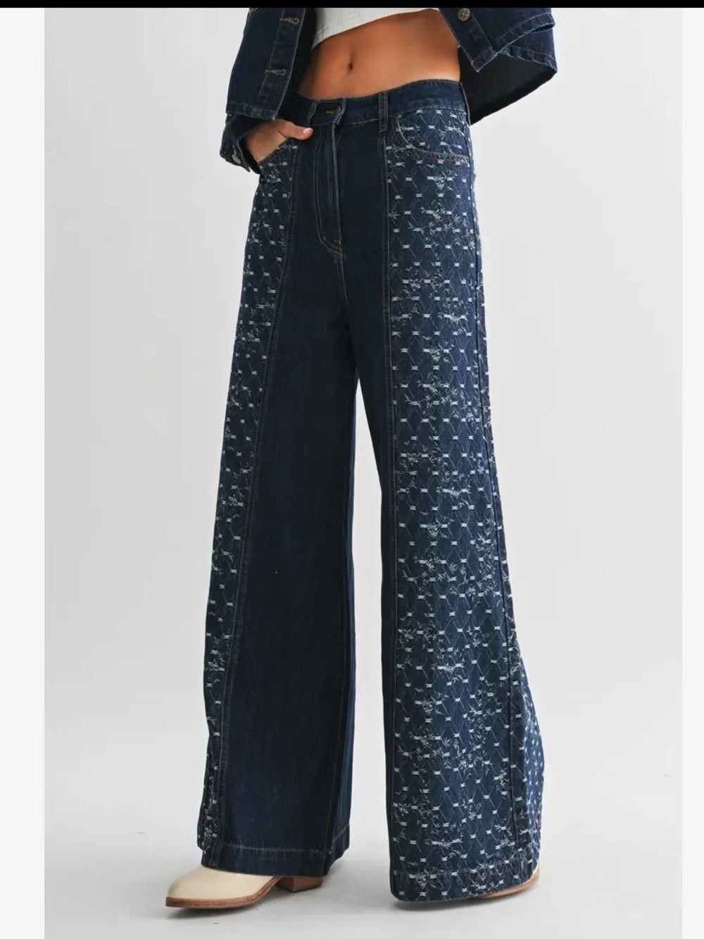 A294a Wide Leg Dark Blue Patterned Womens Jeans