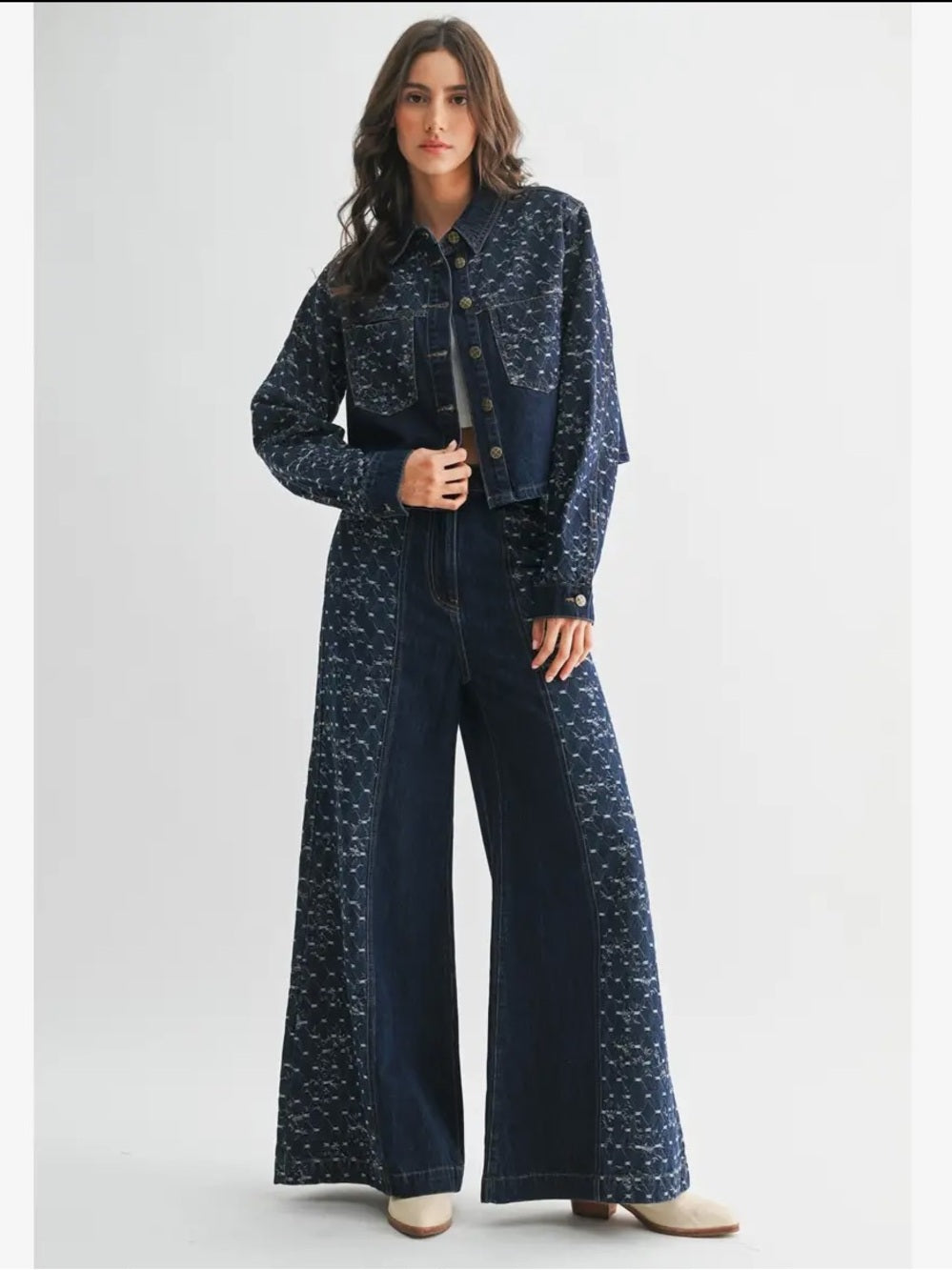 A294a Wide Leg Dark Blue Patterned Womens Jeans