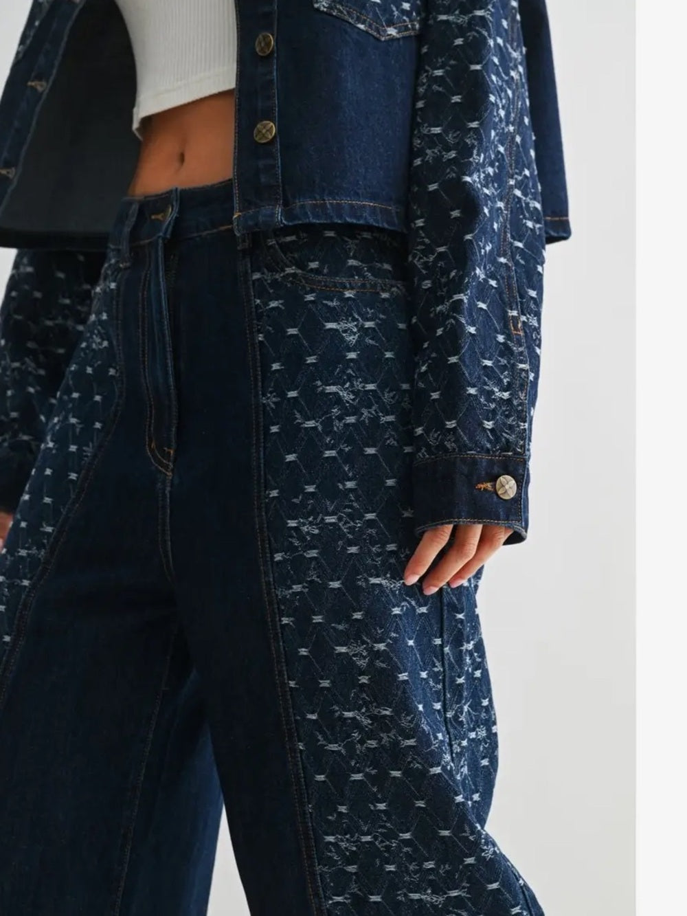 A294a Wide Leg Dark Blue Patterned Womens Jeans