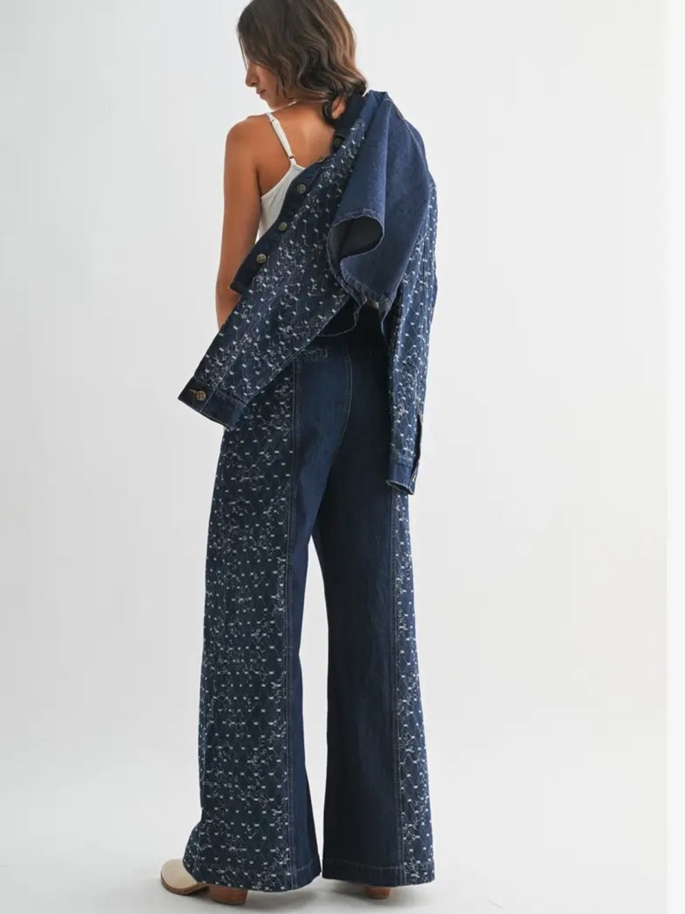 A294a Wide Leg Dark Blue Patterned Womens Jeans