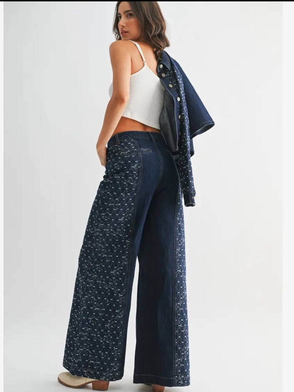 A294a Wide Leg Dark Blue Patterned Womens Jeans