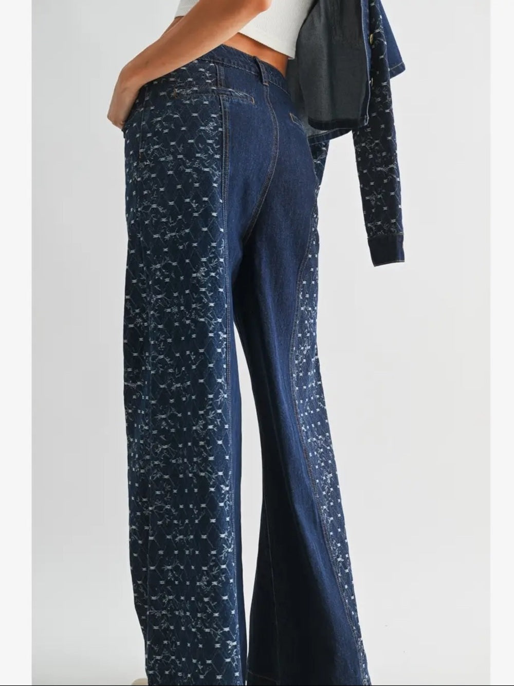 A294a Wide Leg Dark Blue Patterned Womens Jeans