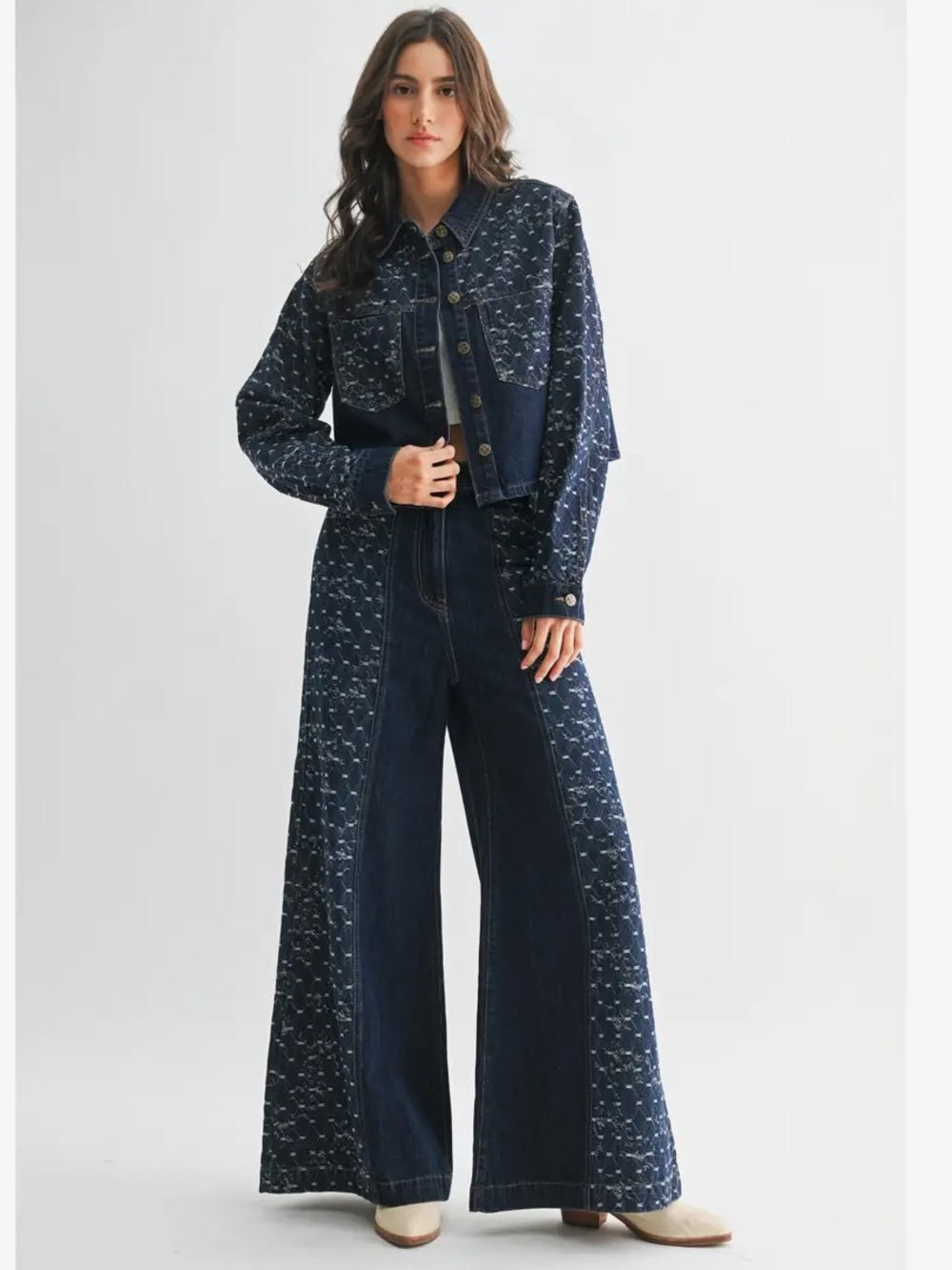 A294a Wide Leg Dark Blue Patterned Womens Jeans