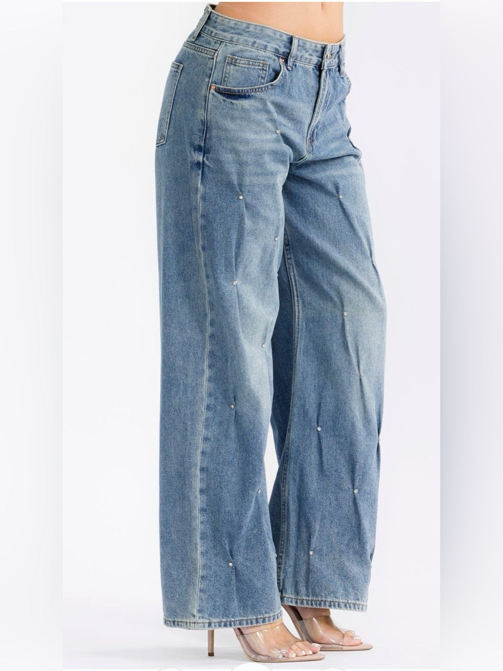 A476. Wide-Leg Rhinestone Studded  Light Blue Jeans