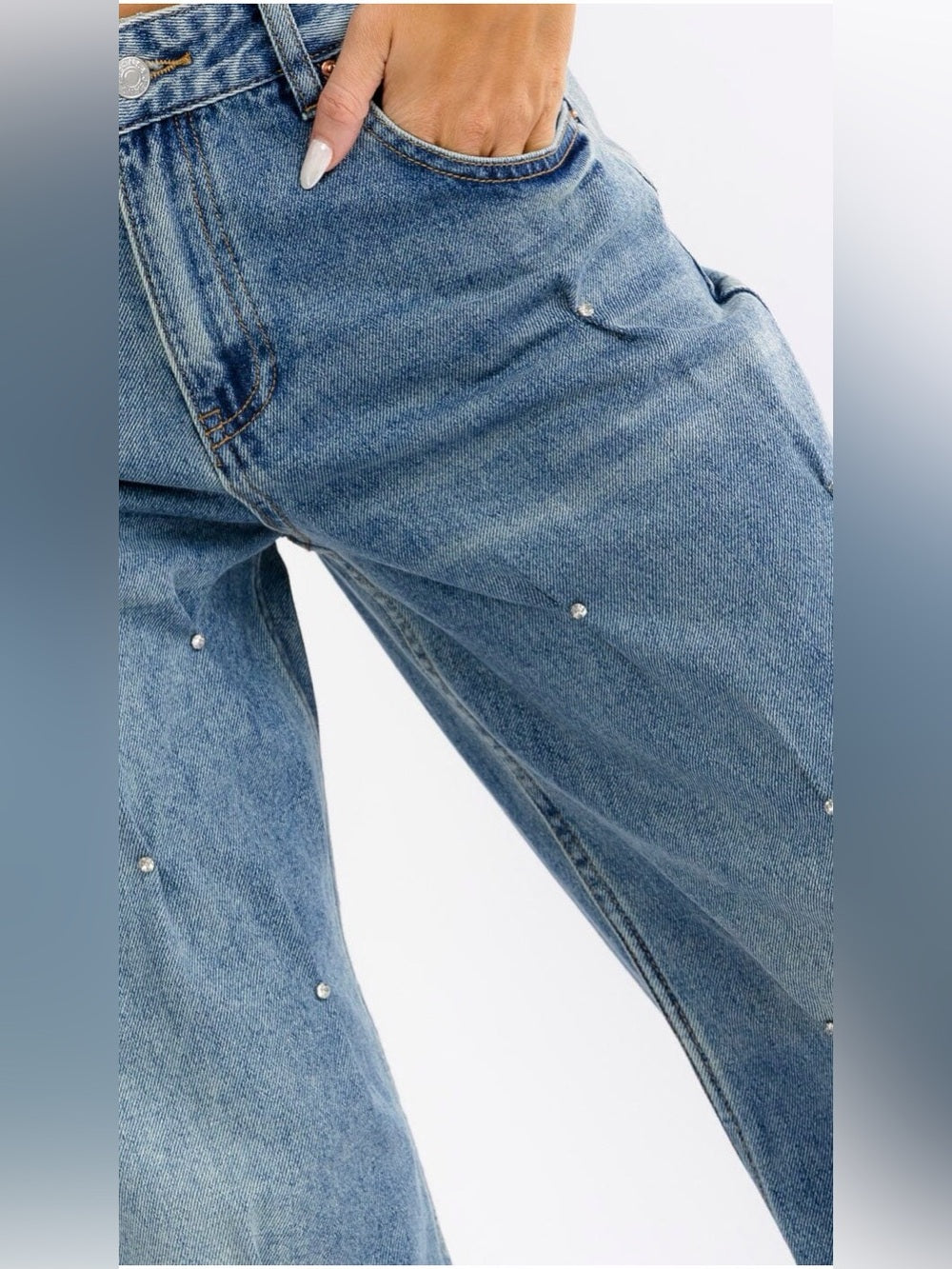 A476. Wide-Leg Rhinestone Studded  Light Blue Jeans