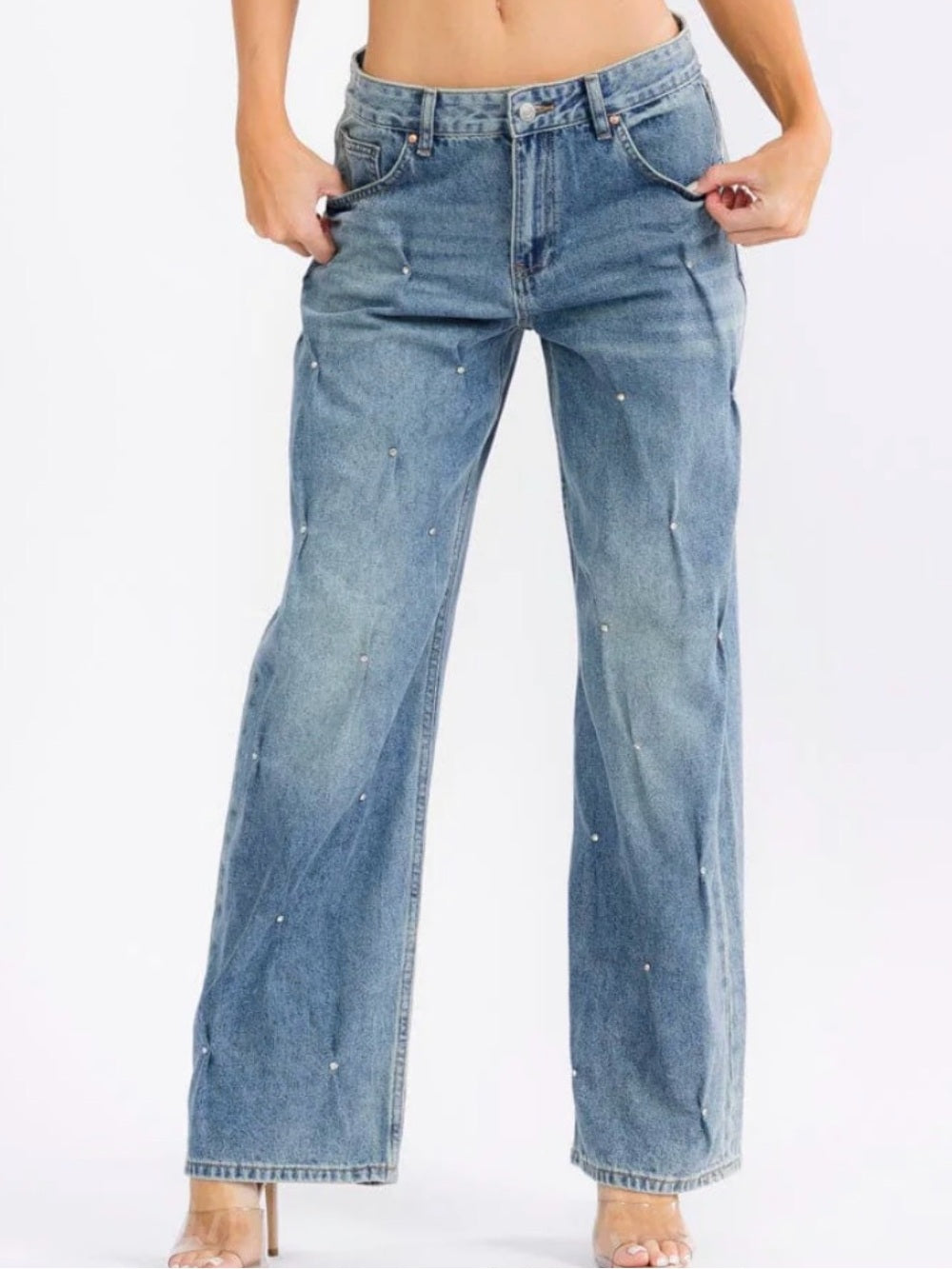 A476. Wide-Leg Rhinestone Studded  Light Blue Jeans