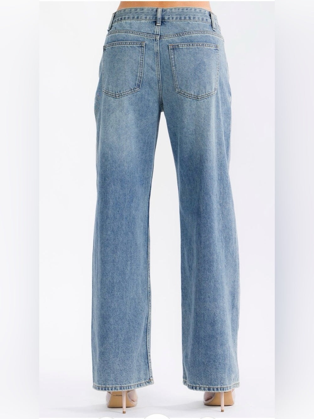 A476. Wide-Leg Rhinestone Studded  Light Blue Jeans