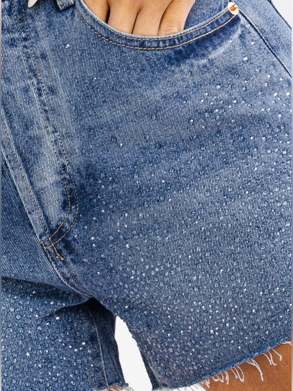 A477. High-Rise Blue Denim Shorts with Crystal Studs