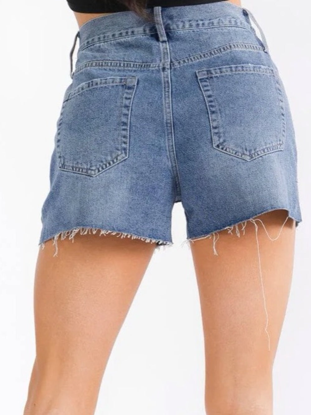A477. High-Rise Blue Denim Shorts with Crystal Studs