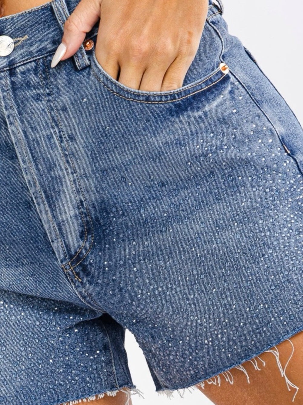 A477. High-Rise Blue Denim Shorts with Crystal Studs