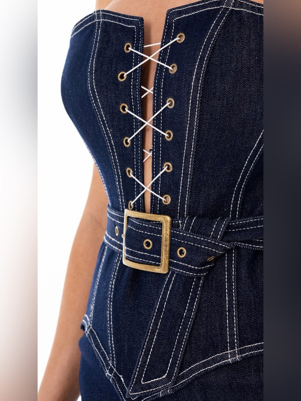 A578. Strapless Dark Blue Denim Corset & Mini Skirt
