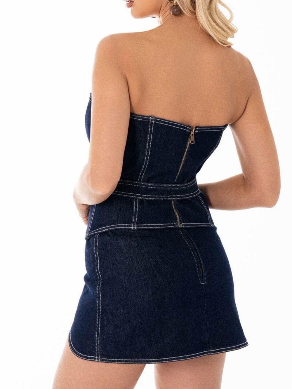 A578. Strapless Dark Blue Denim Corset & Mini Skirt