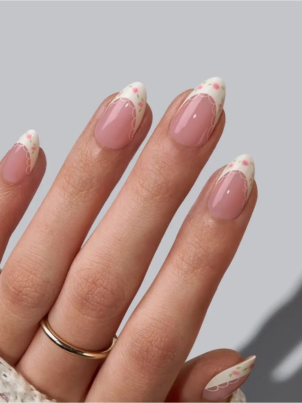BTArtbox Classic Pink and White Floral French Tip Press-On Nails