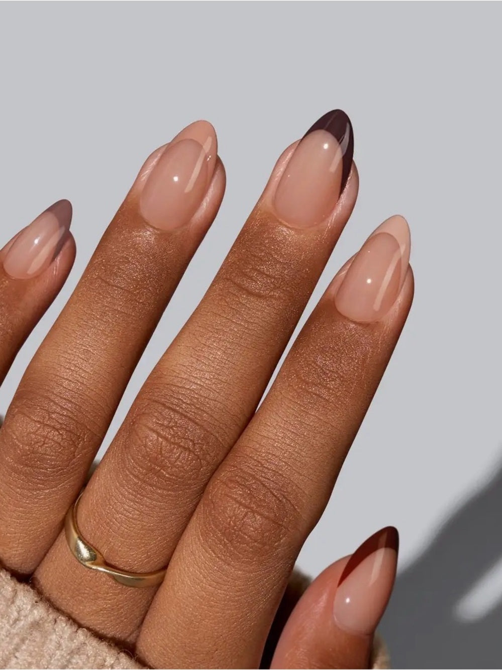 BTArtbox Brown French Tip Nude Almond Nail Set -