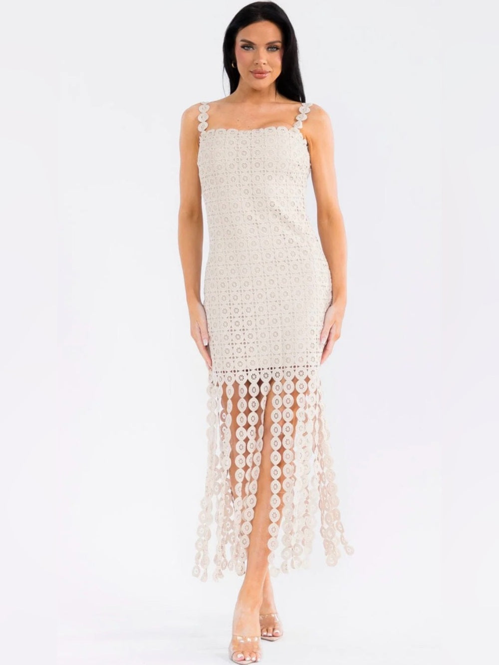 A579. Ivory Crochet Fringe Midi Dress