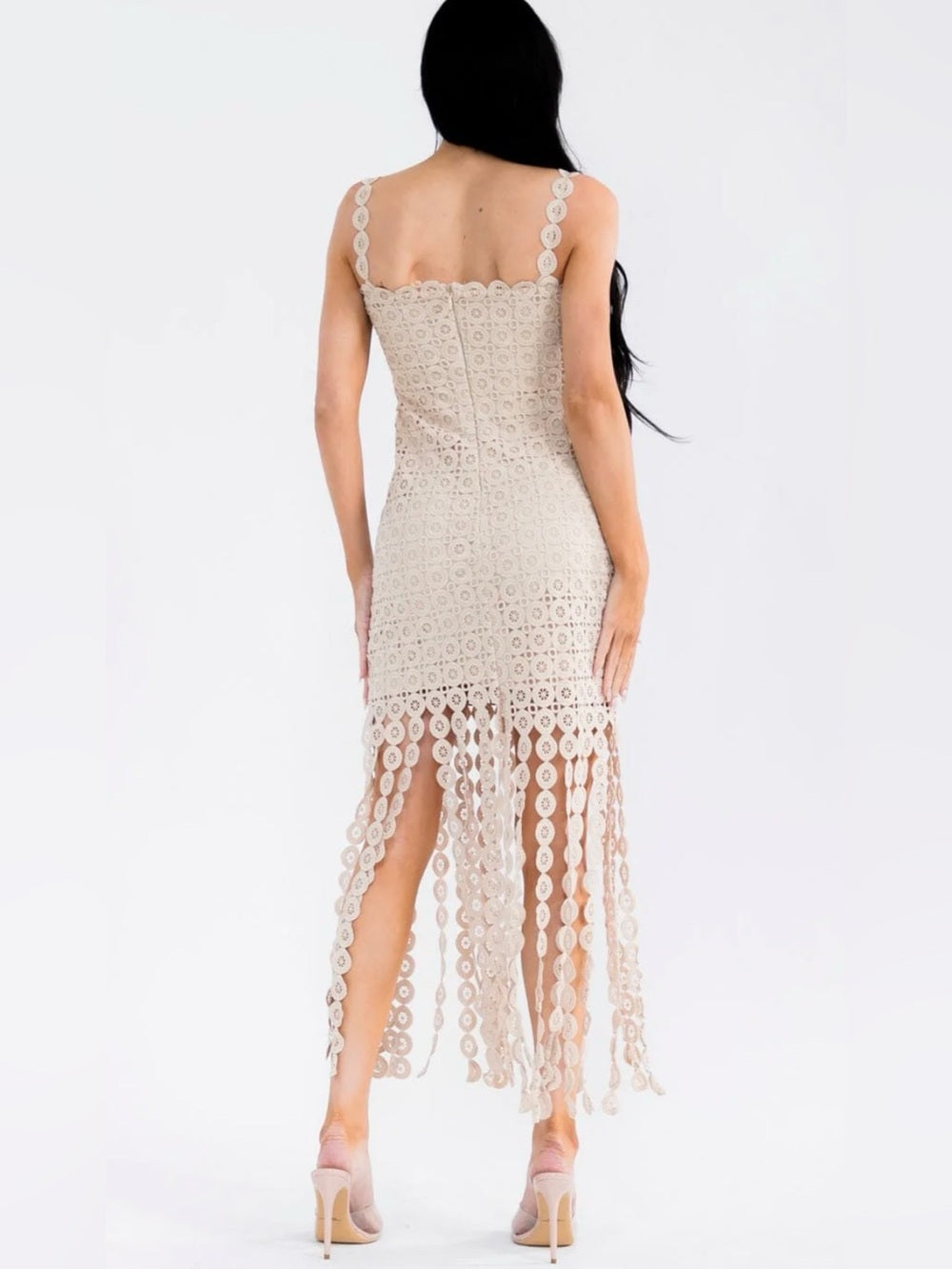 A579. Ivory Crochet Fringe Midi Dress