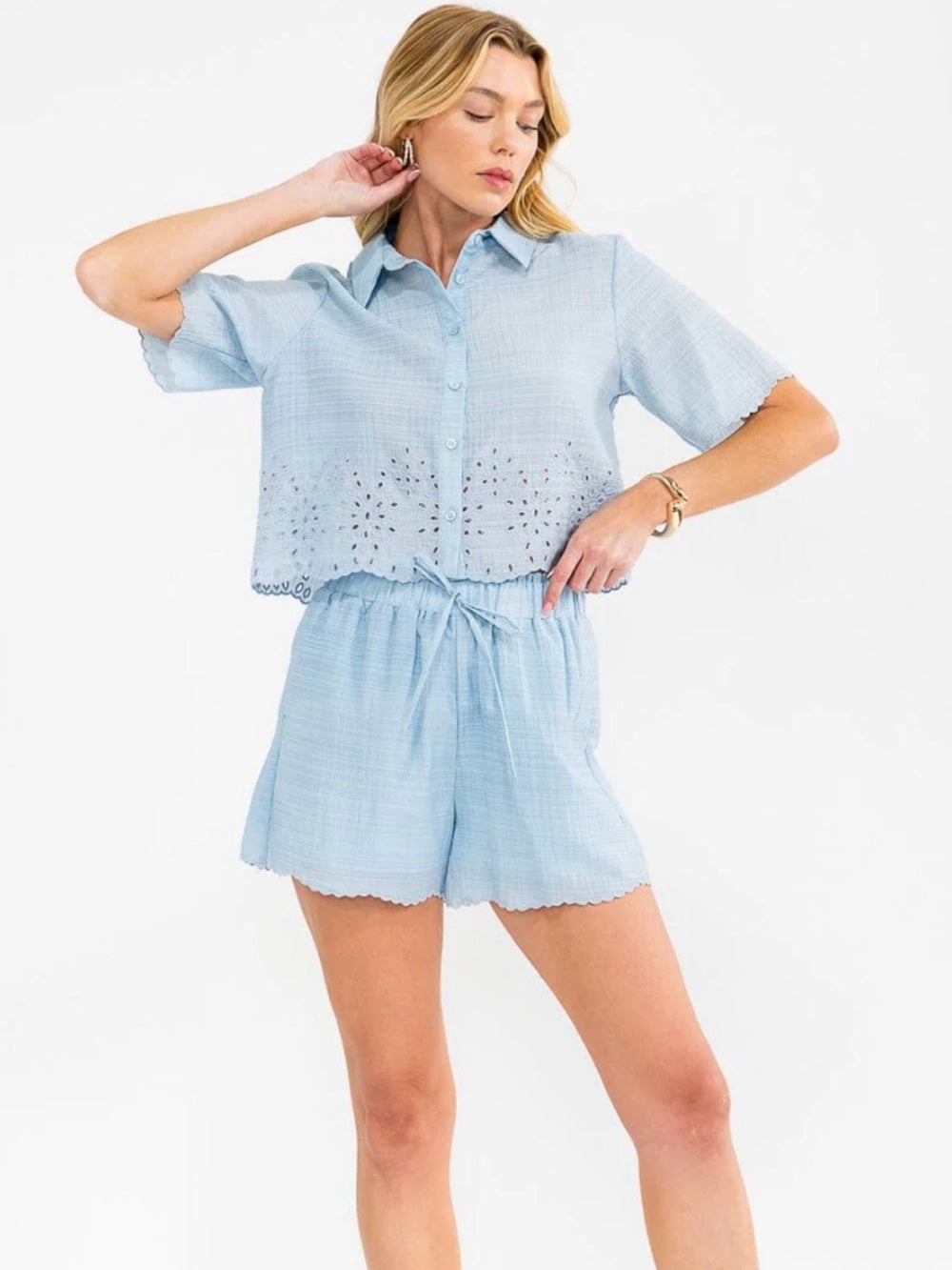 A581. Light Sky Blue Eyelet Crop Shirt & Shorts Set