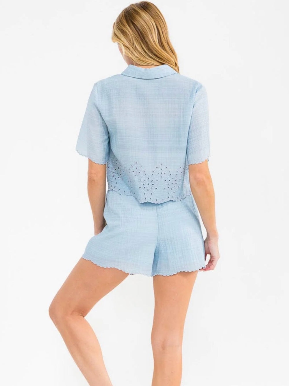 A581. Light Sky Blue Eyelet Crop Shirt & Shorts Set