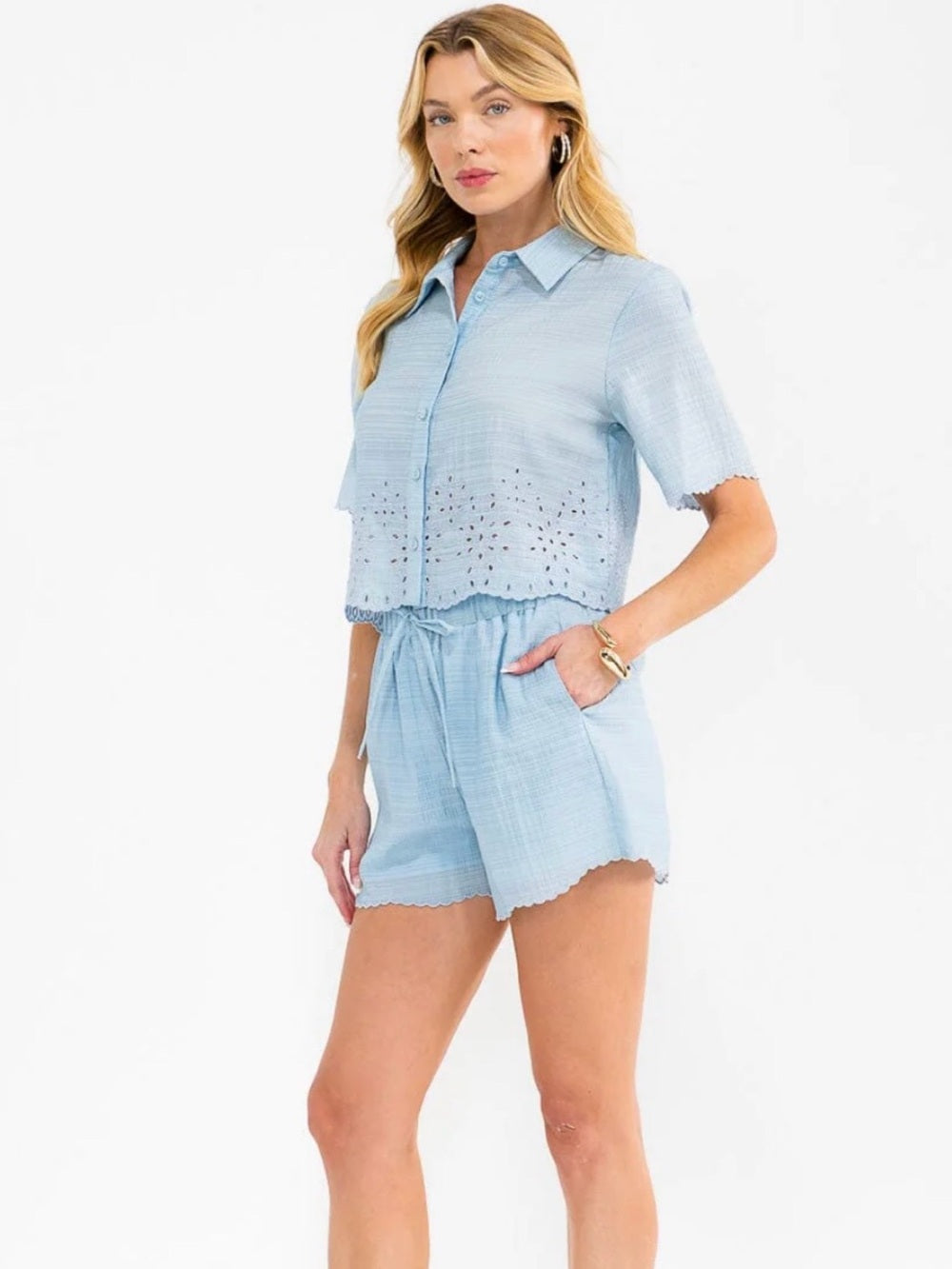 A581. Light Sky Blue Eyelet Crop Shirt & Shorts Set
