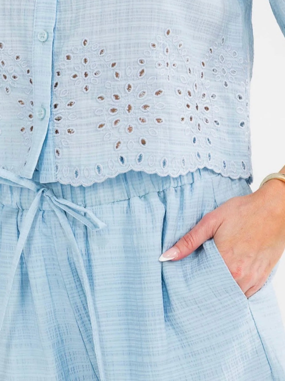 A581. Light Sky Blue Eyelet Crop Shirt & Shorts Set