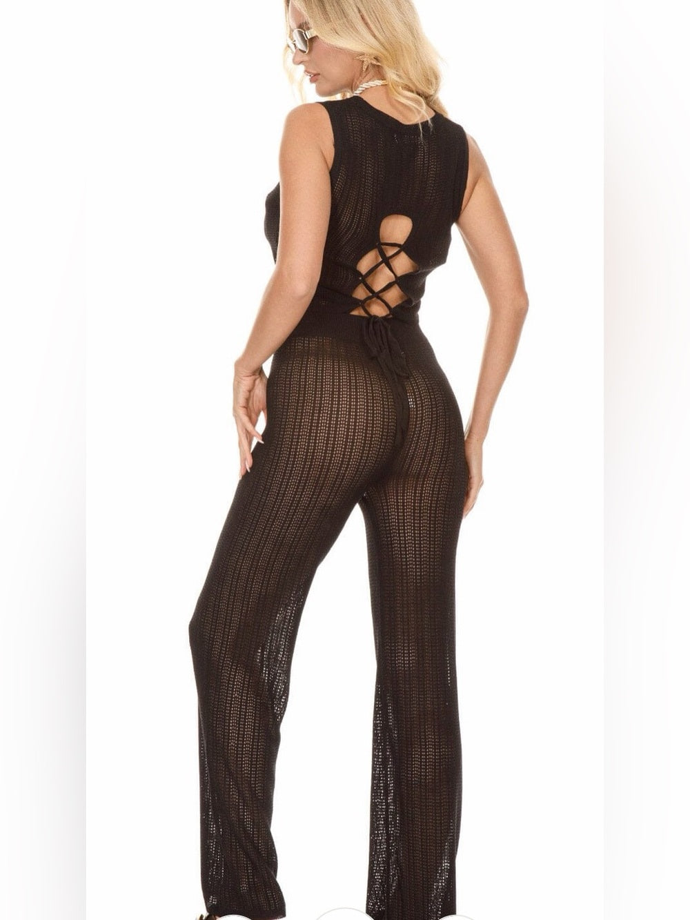 A582. Sheer Black Knit Wide-Leg Beach Pants & Top Set