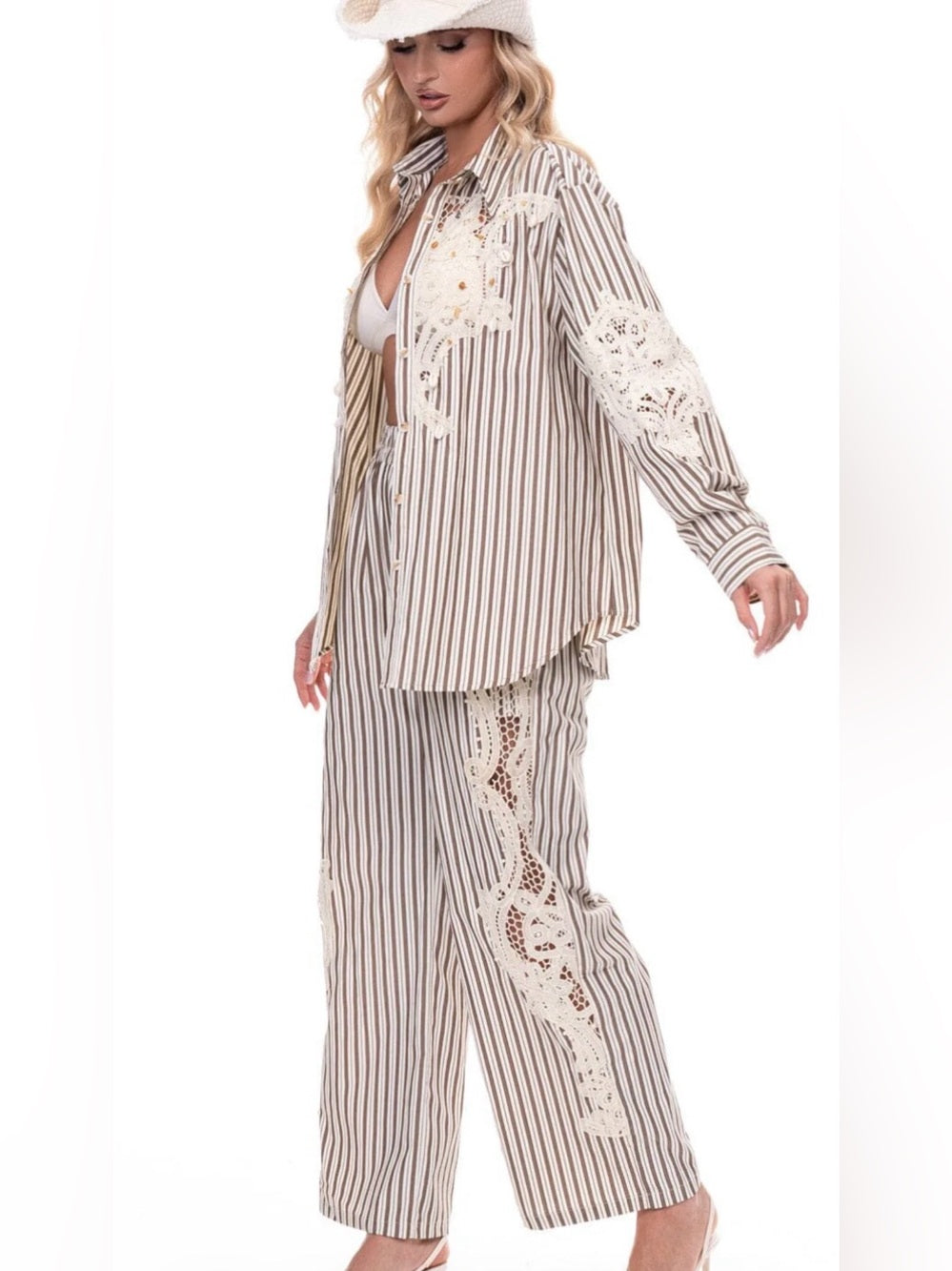 A584. Striped Lace-Trim Crochet Two-Piece Set in Cream and Brown