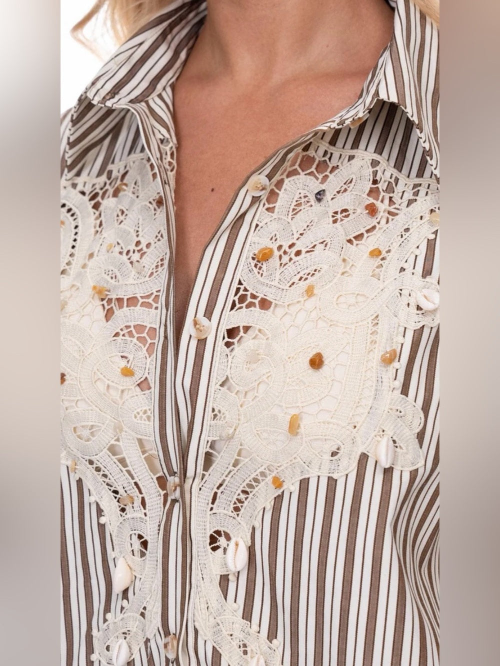 A584. Striped Lace-Trim Crochet Two-Piece Set in Cream and Brown