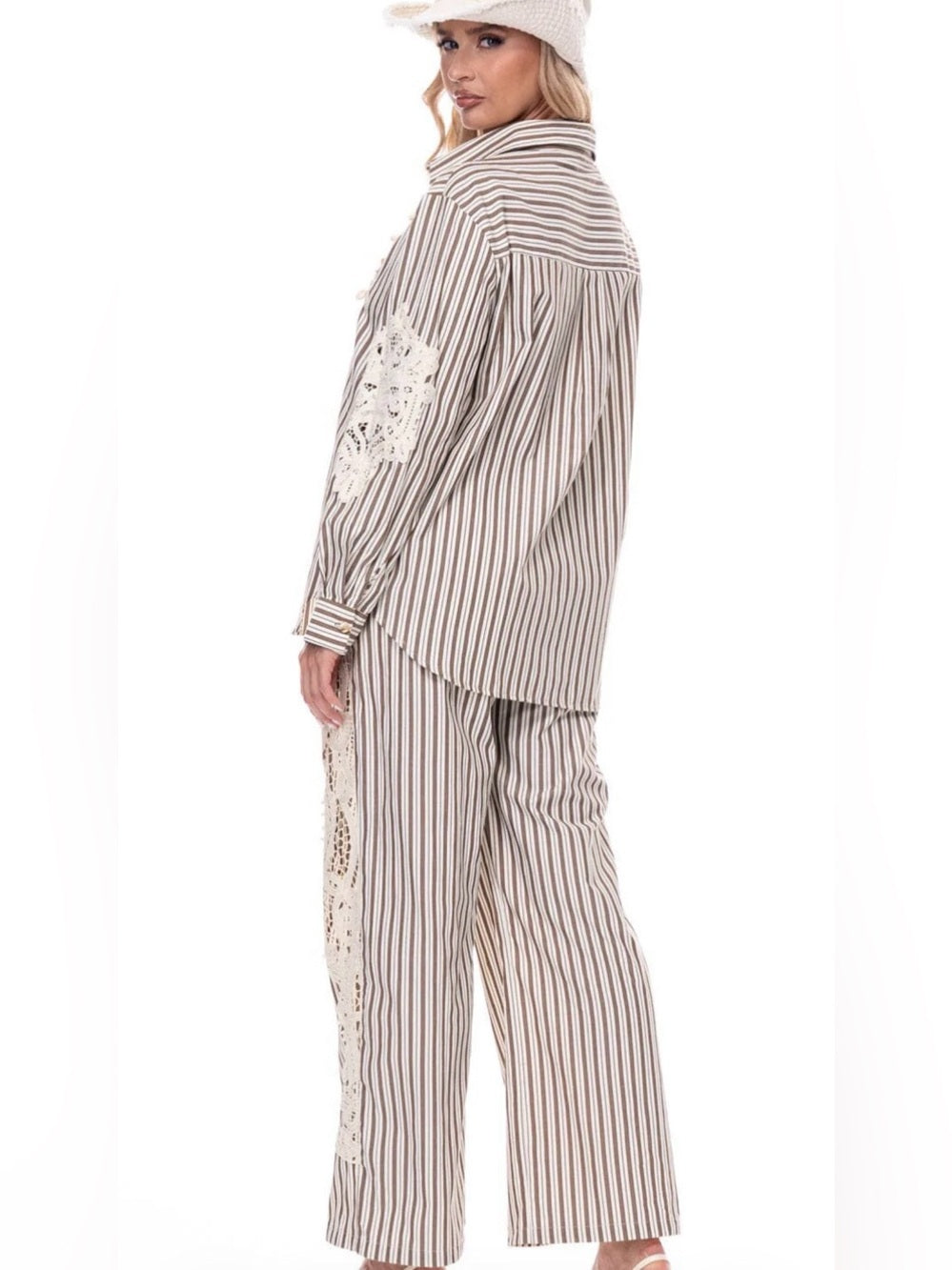 A584. Striped Lace-Trim Crochet Two-Piece Set in Cream and Brown