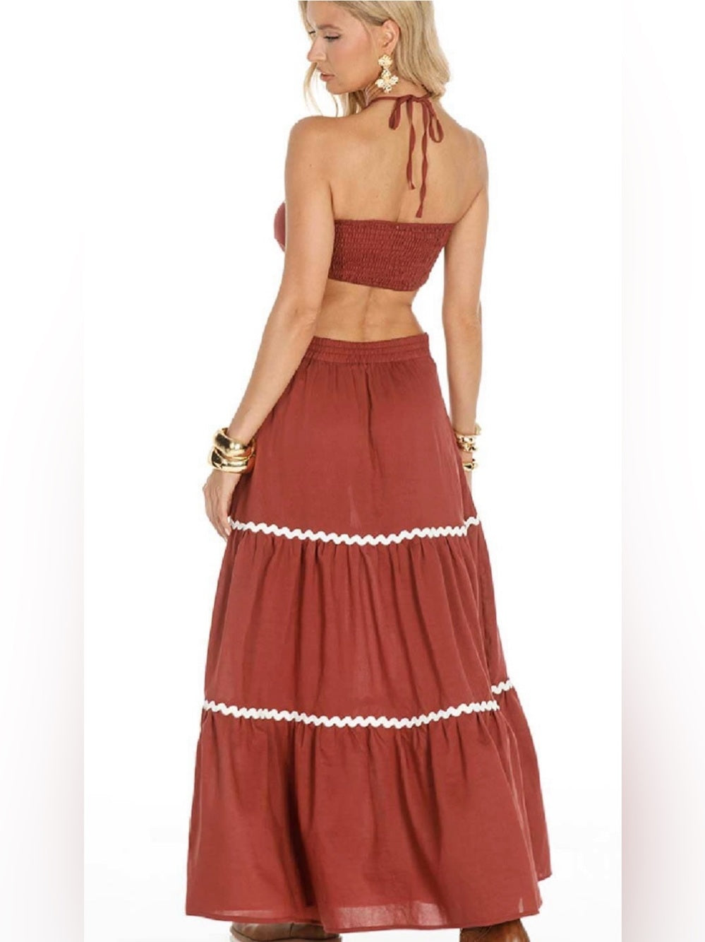 A586. Rust Red Maxi Skirt & Crop Top with White Ric Rac Trim