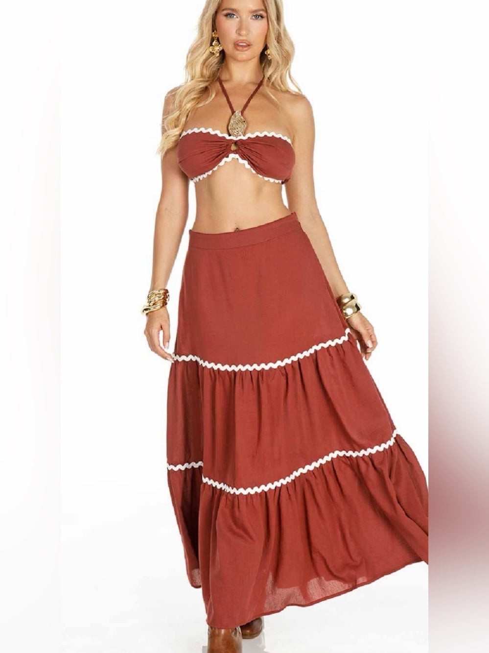 A586. Rust Red Maxi Skirt & Crop Top with White Ric Rac Trim