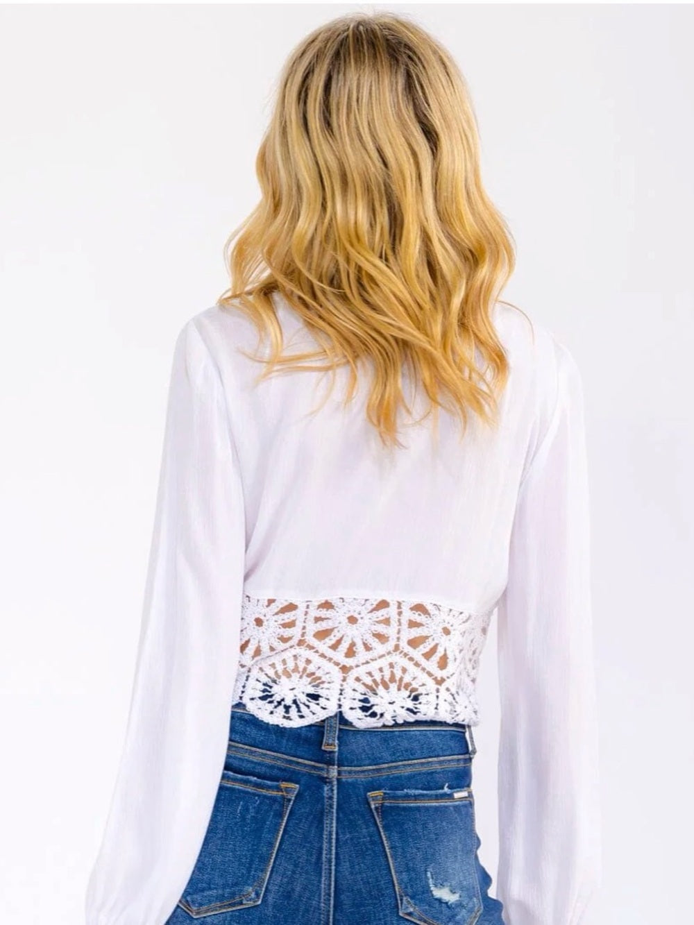 A590. White Crochet-Trim V-Neck Women's Top