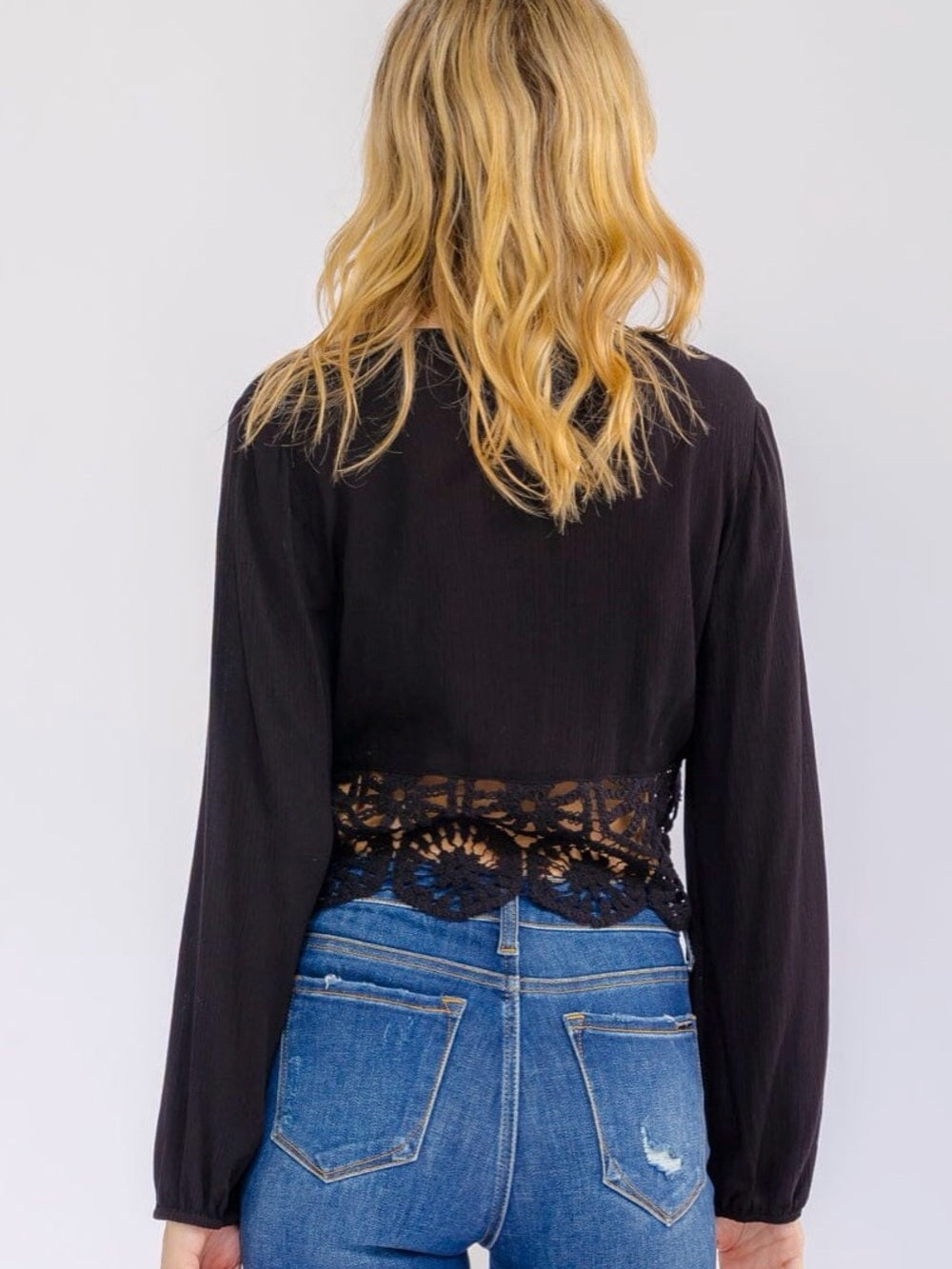 A591. Black Crochet-Trim V-Neck Crop Top