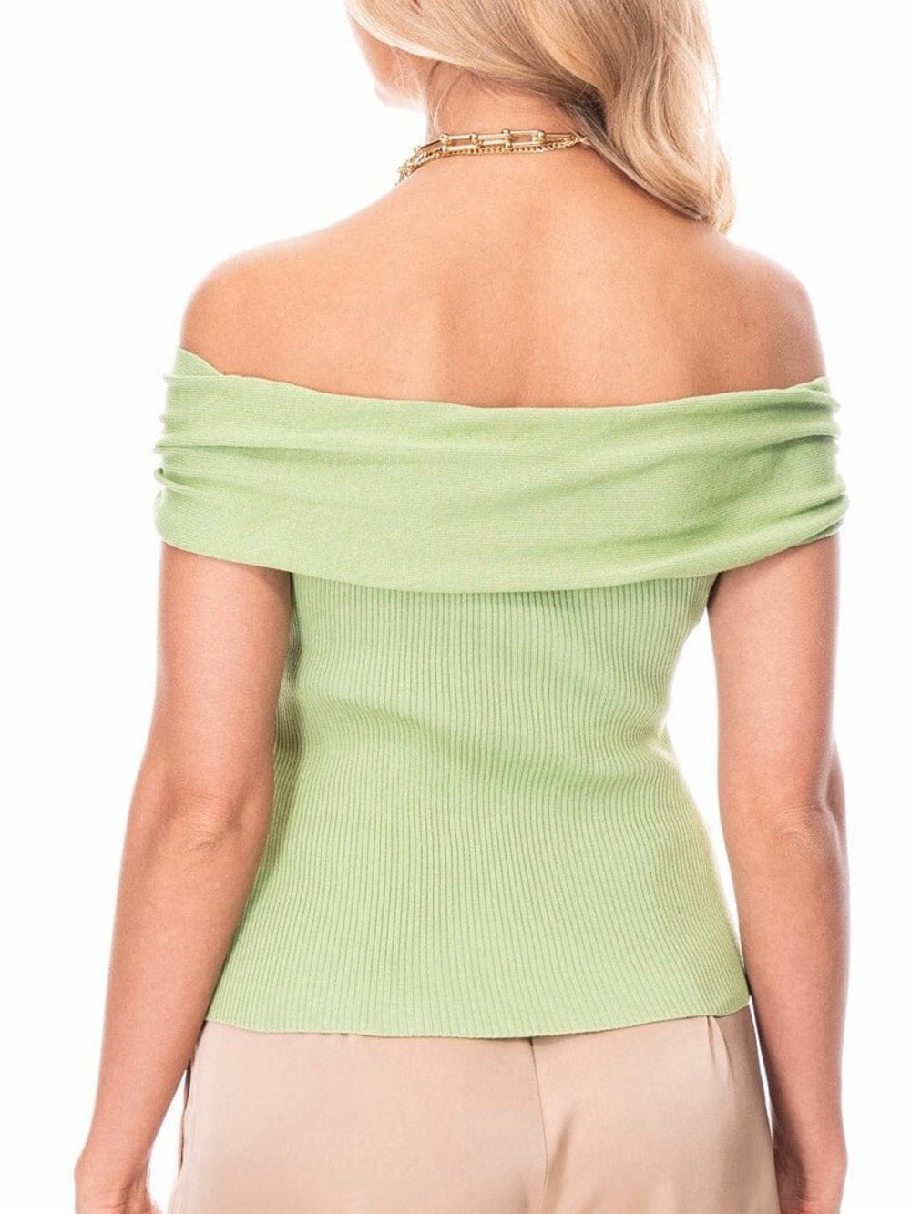 A593. Off‑Shoulder Ribbed Knit Top in Light Green with Starfish Buckle Detail