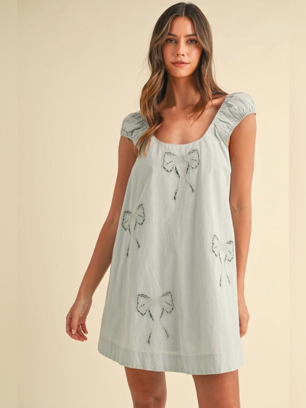 A594. Mable Light Sage Bow-Embroidered Cap Sleeve Mini Dress