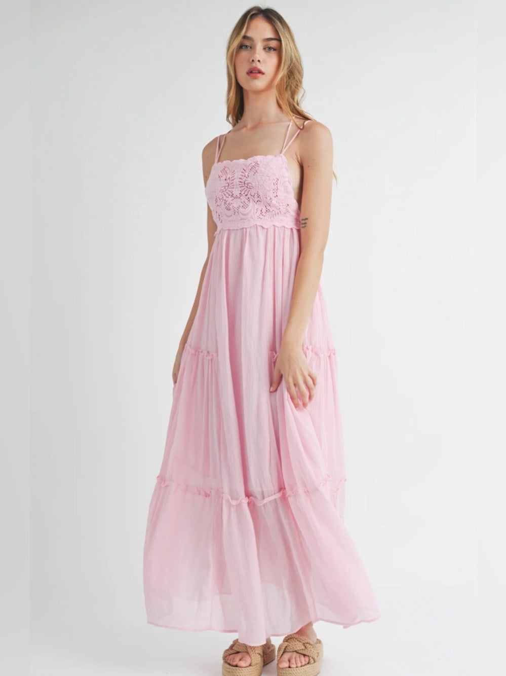 A595. Mable Light Pink Lace Bodice Maxi Dress