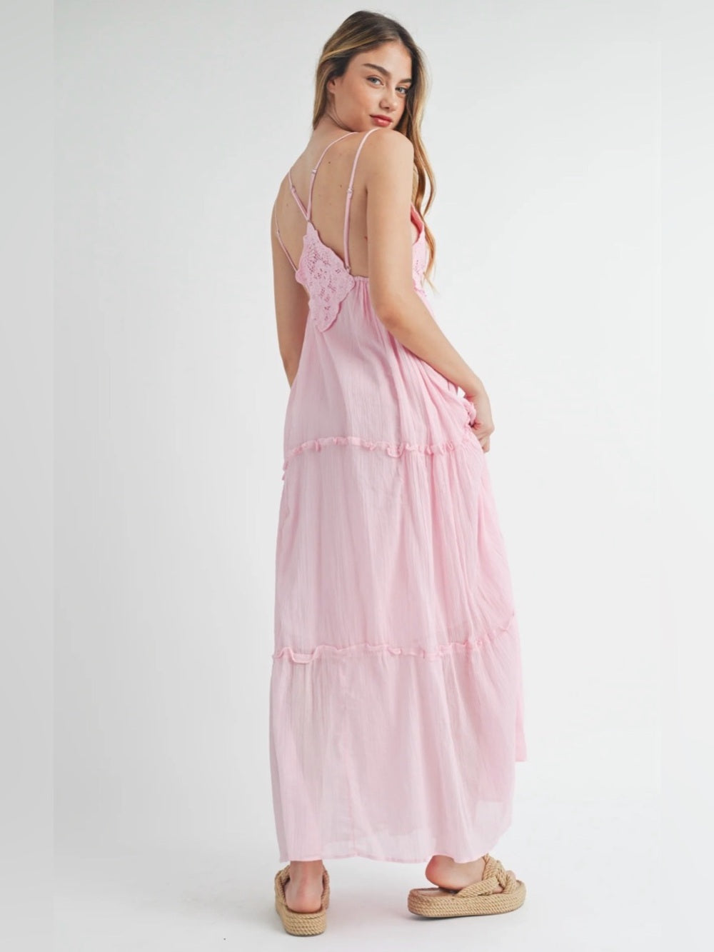 A595. Mable Light Pink Lace Bodice Maxi Dress