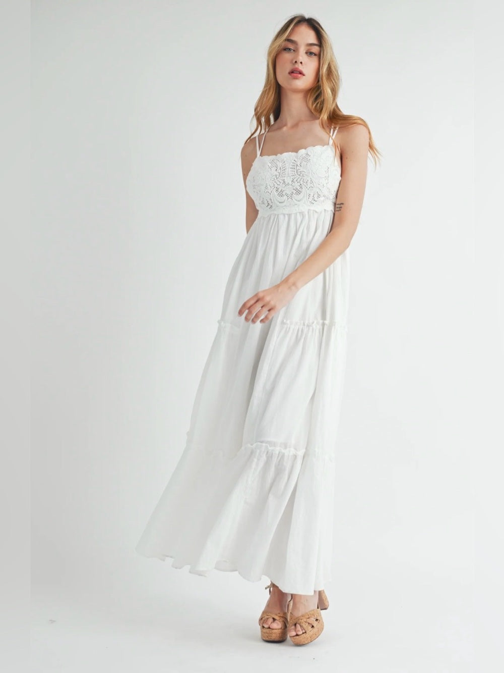 A596. Mable White Lace-Bust Maxi Dress with Spaghetti Straps