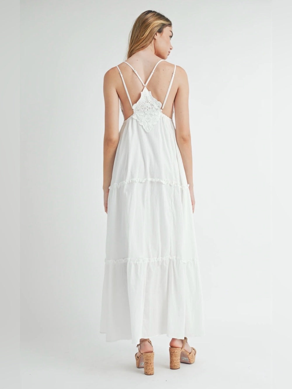 A596. Mable White Lace-Bust Maxi Dress with Spaghetti Straps