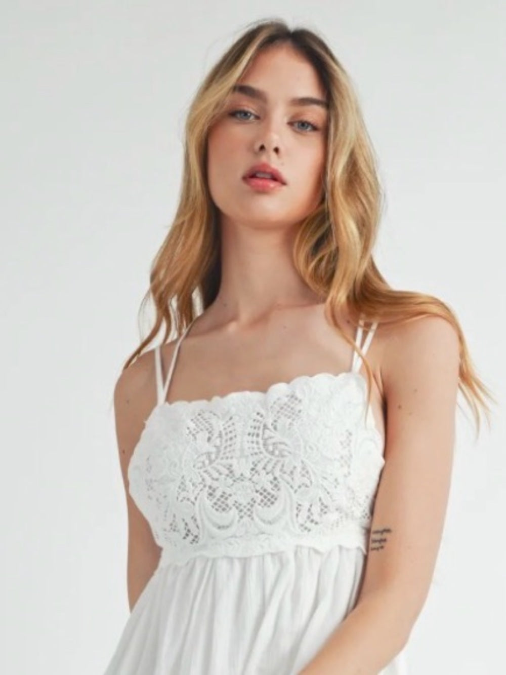 A596. Mable White Lace-Bust Maxi Dress with Spaghetti Straps