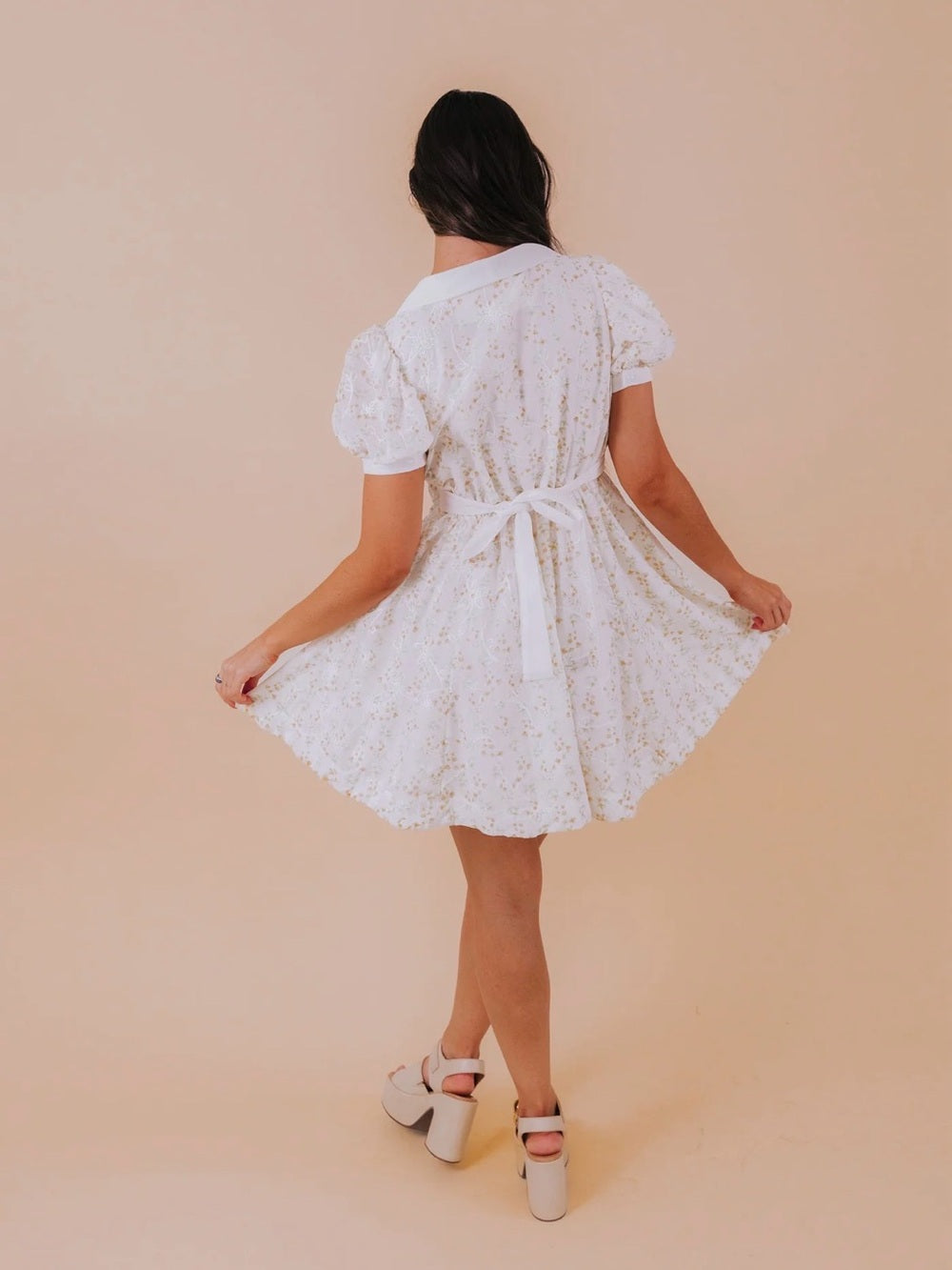 A597. Mable Baby Doll White & Pink Floral Tie-Back Dress