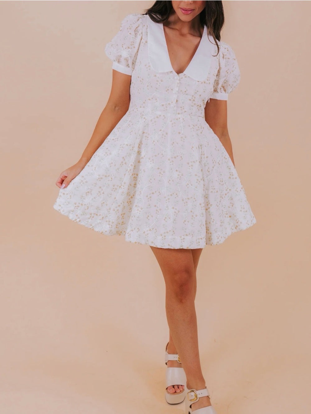 A597. Mable Baby Doll White & Pink Floral Tie-Back Dress
